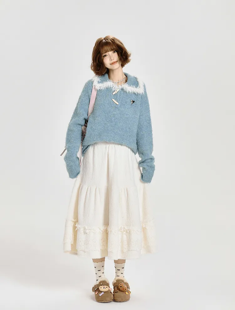 Lace-Panel A-Line Midi Cake Skirt