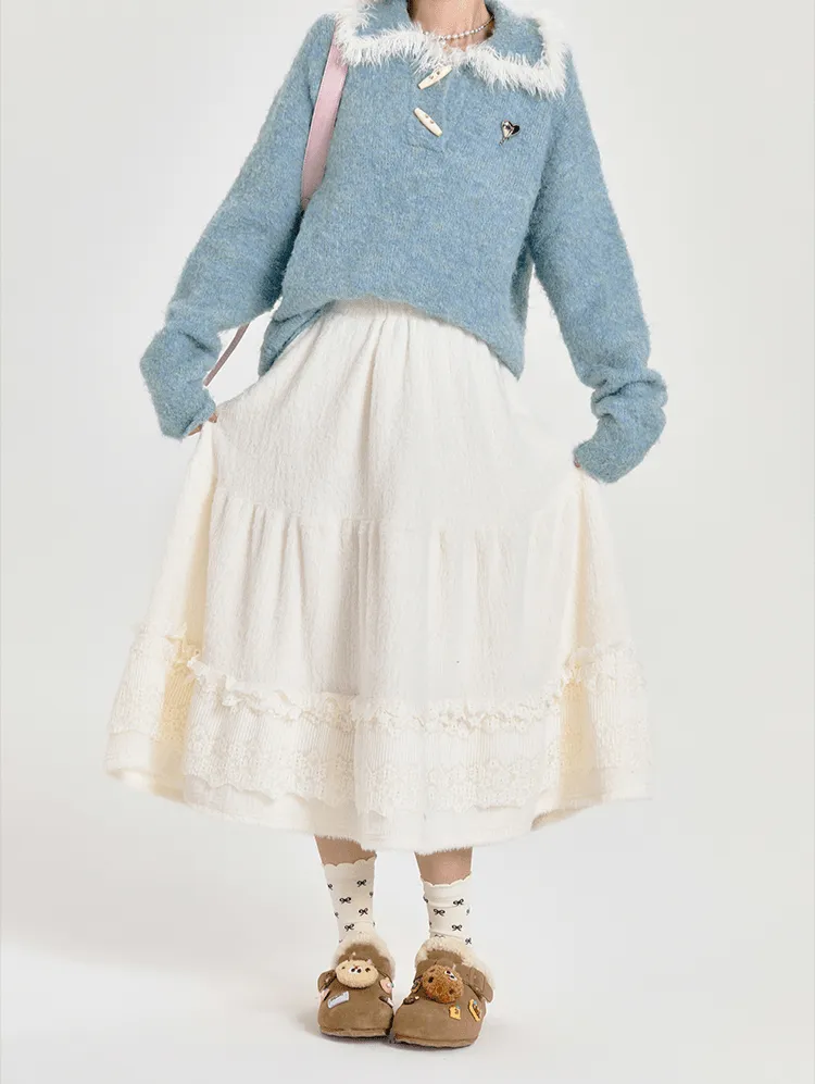 Lace-Panel A-Line Midi Cake Skirt