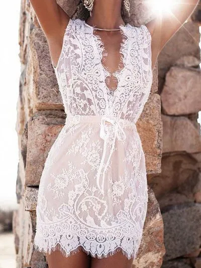 Lace Sleeveless Pencil Skirt V-neck Midi Dress