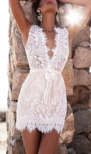 Lace Sleeveless Pencil Skirt V-neck Midi Dress