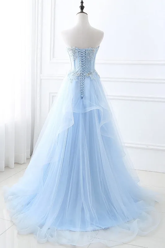 Lace-up Appliques Tulle Long A-line Prom Dress