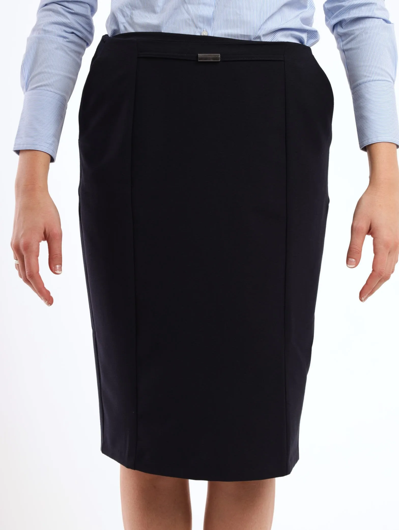 Ladies Mock Belted Pencil Skirt - Navy