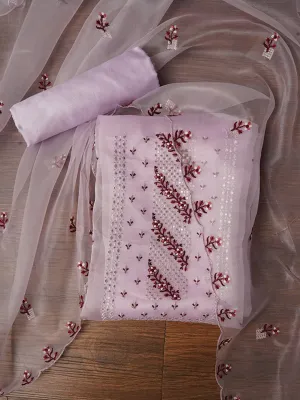 Lavender Zari Embroidered Organza Dress Material with Dupatta