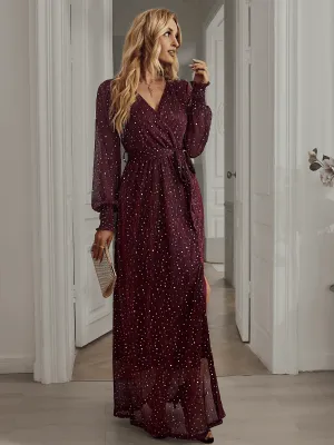 Leandra Front Split Shimmer Maxi Dress - Burgundy