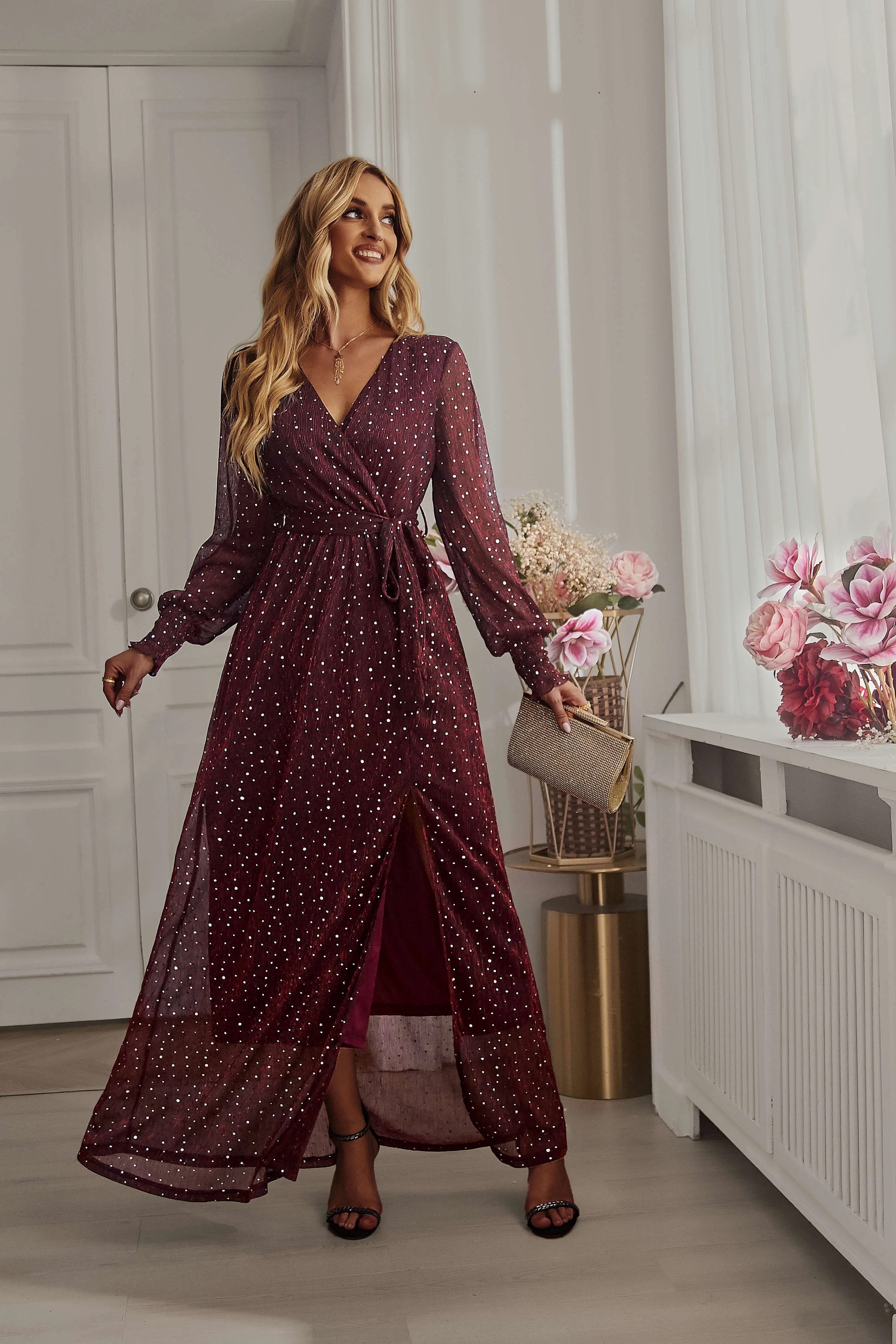 Leandra Front Split Shimmer Maxi Dress - Burgundy