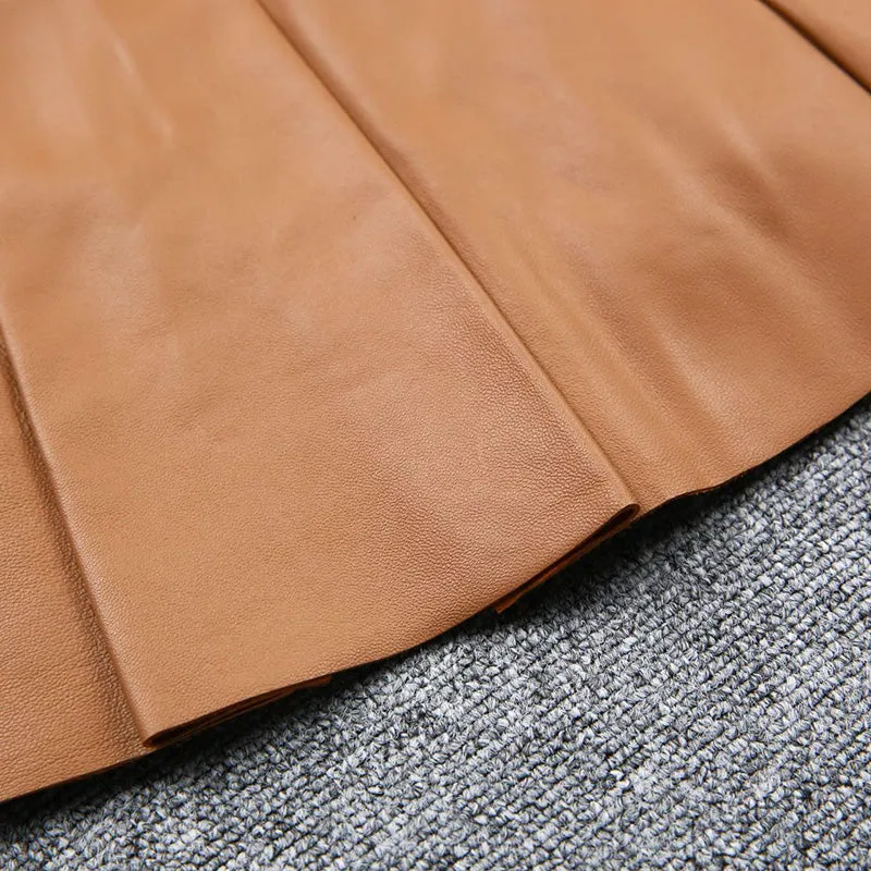 Leather Sheepskin Skirt Women Simple Versatile Pleated Metal Decorative Short Dress 2022 Autumn Winter New TF4793