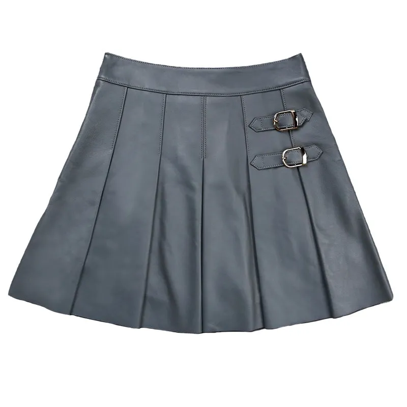 Leather Sheepskin Skirt Women Simple Versatile Pleated Metal Decorative Short Dress 2022 Autumn Winter New TF4793