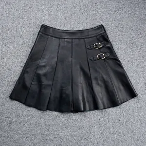Leather Sheepskin Skirt Women Simple Versatile Pleated Metal Decorative Short Dress 2022 Autumn Winter New TF4793