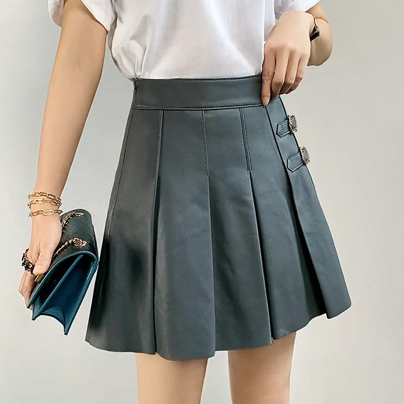 Leather Sheepskin Skirt Women Simple Versatile Pleated Metal Decorative Short Dress 2022 Autumn Winter New TF4793