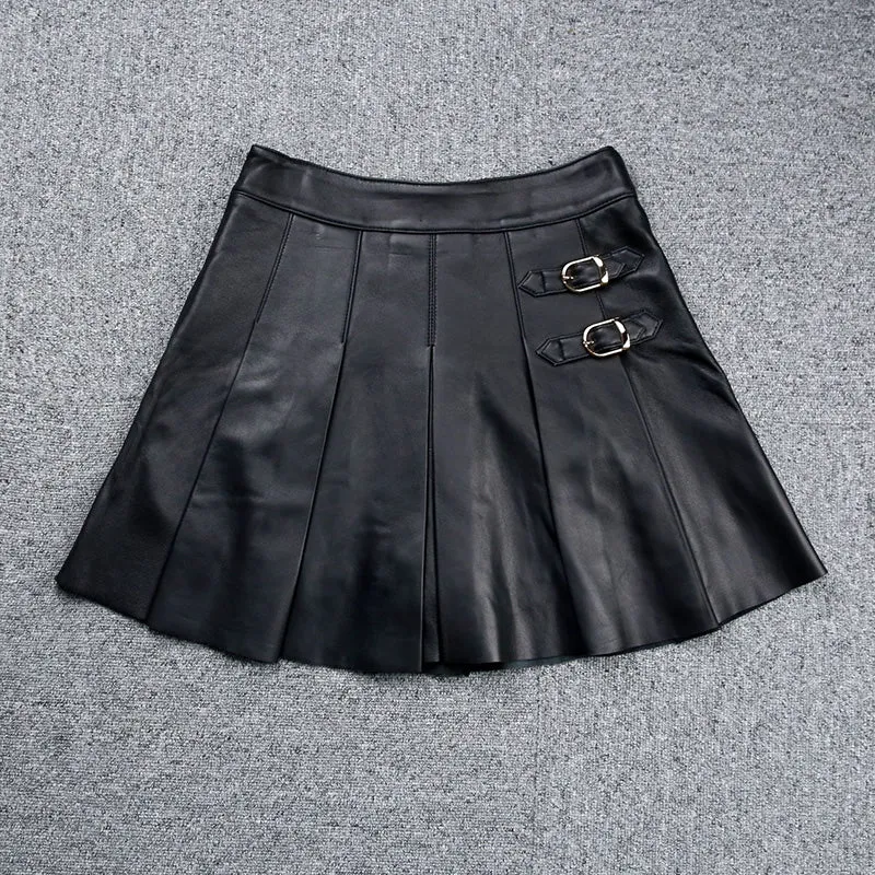 Leather Sheepskin Skirt Women Simple Versatile Pleated Metal Decorative Short Dress 2022 Autumn Winter New TF4793