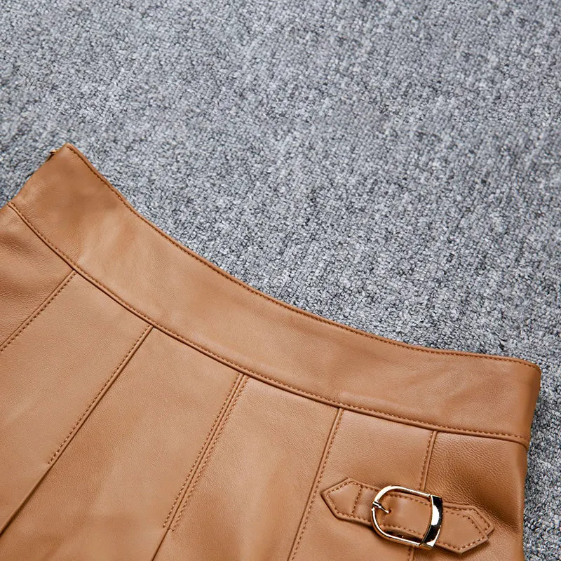 Leather Sheepskin Skirt Women Simple Versatile Pleated Metal Decorative Short Dress 2022 Autumn Winter New TF4793