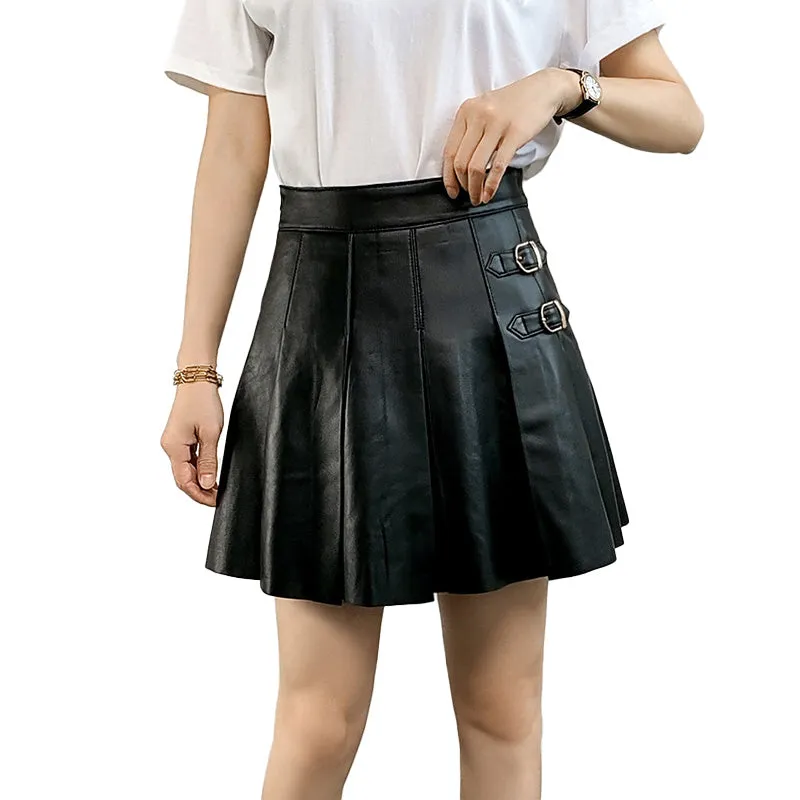 Leather Sheepskin Skirt Women Simple Versatile Pleated Metal Decorative Short Dress 2022 Autumn Winter New TF4793