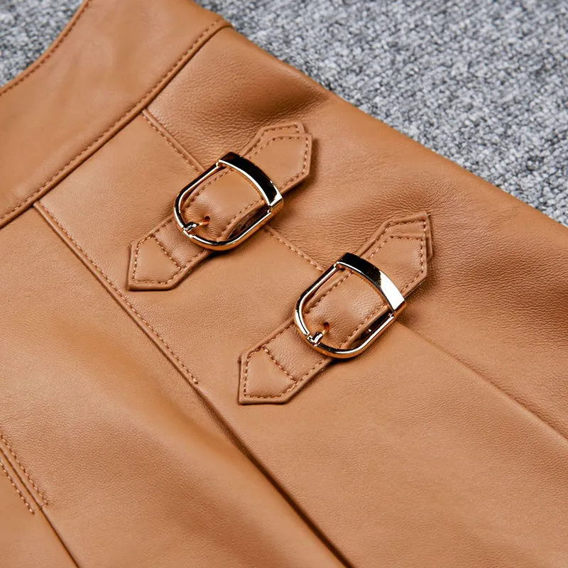 Leather Sheepskin Skirt Women Simple Versatile Pleated Metal Decorative Short Dress 2022 Autumn Winter New TF4793