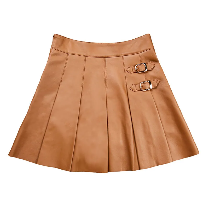Leather Sheepskin Skirt Women Simple Versatile Pleated Metal Decorative Short Dress 2022 Autumn Winter New TF4793
