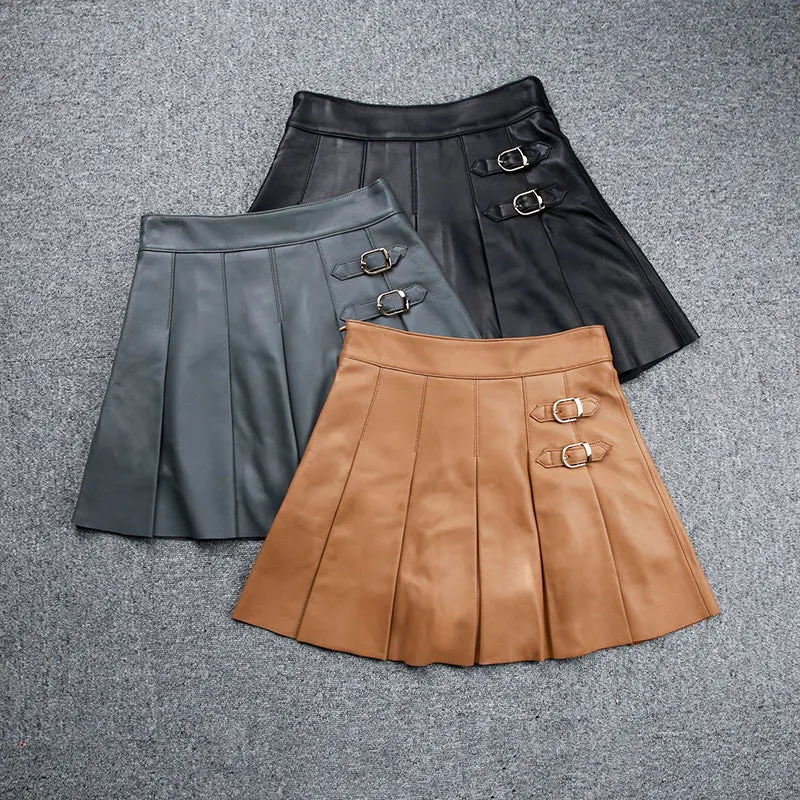 Leather Sheepskin Skirt Women Simple Versatile Pleated Metal Decorative Short Dress 2022 Autumn Winter New TF4793
