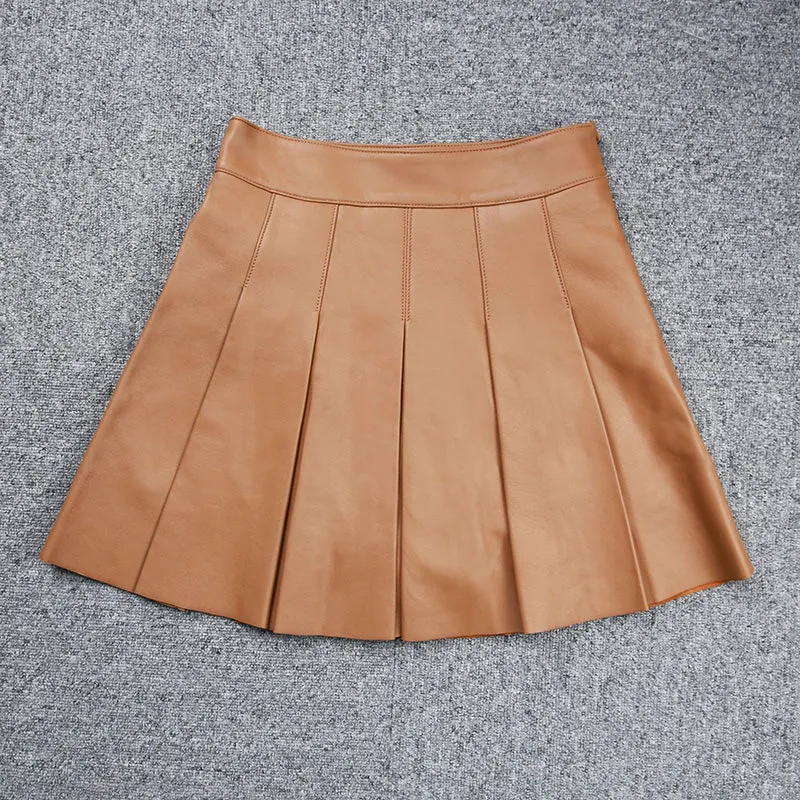 Leather Sheepskin Skirt Women Simple Versatile Pleated Metal Decorative Short Dress 2022 Autumn Winter New TF4793