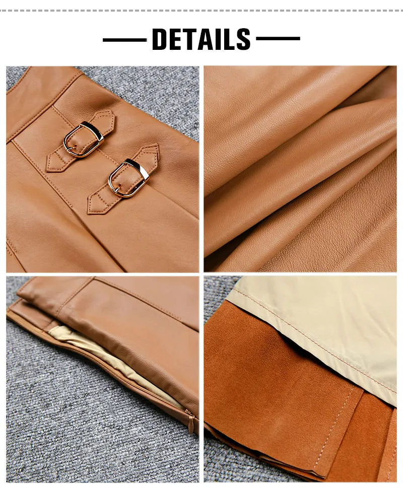 Leather Sheepskin Skirt Women Simple Versatile Pleated Metal Decorative Short Dress 2022 Autumn Winter New TF4793