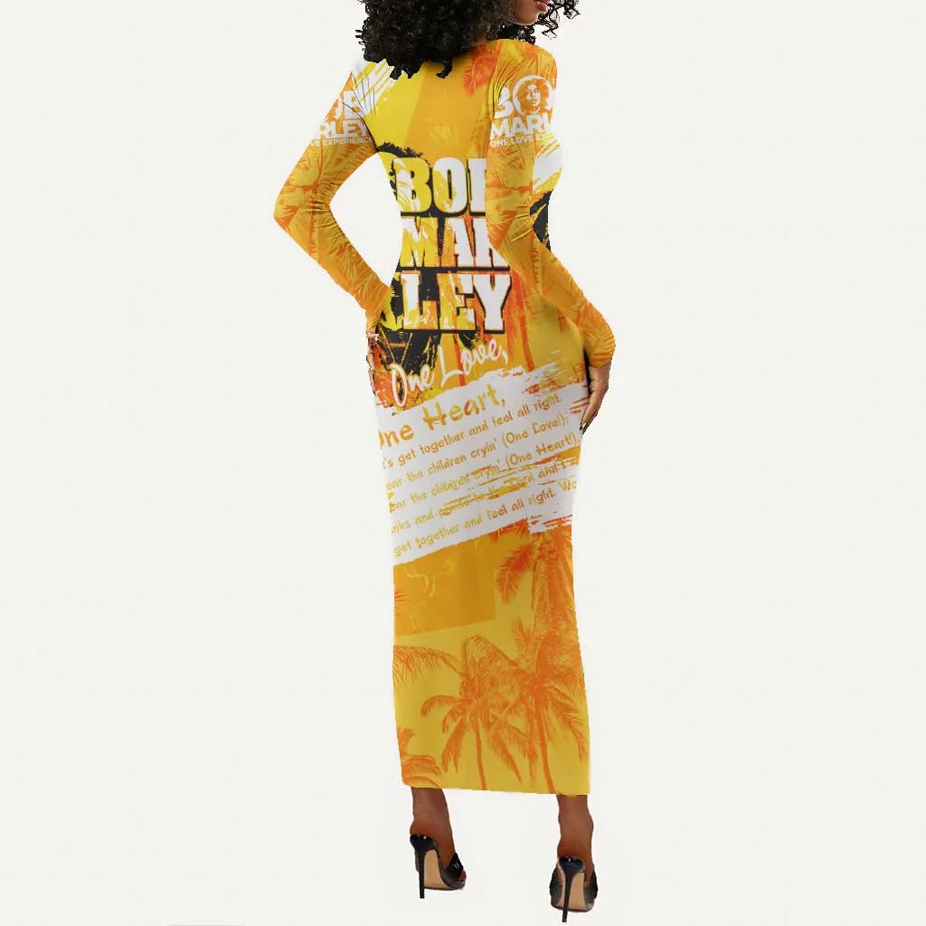 Legend Bob Reggae Afro Long Sleeve Bodycon Dress One Love One Heart Tropical Leaf DT02