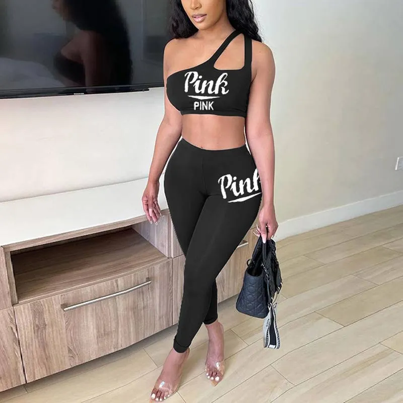 Letter Print Crop Top & Slim Pants Set