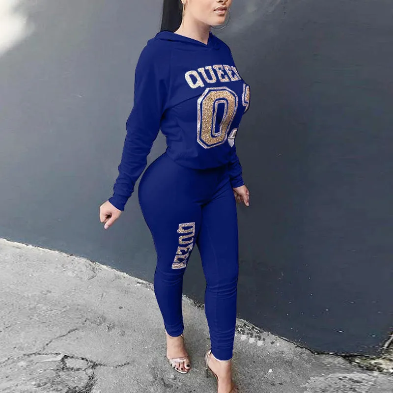 Letter Print Long Sleeve Hoodie Top & Pants Set