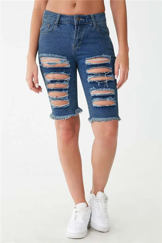 Lift The Hips Women's Ripped Mid Waist Denim Bermuda Shorts