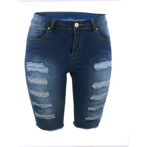 Lift The Hips Women's Ripped Mid Waist Denim Bermuda Shorts