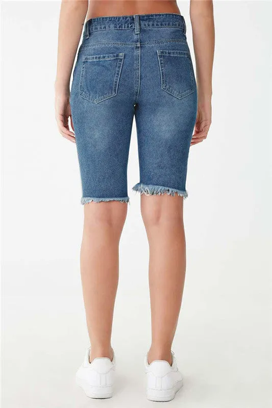 Lift The Hips Women's Ripped Mid Waist Denim Bermuda Shorts