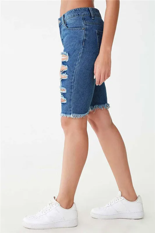 Lift The Hips Women's Ripped Mid Waist Denim Bermuda Shorts