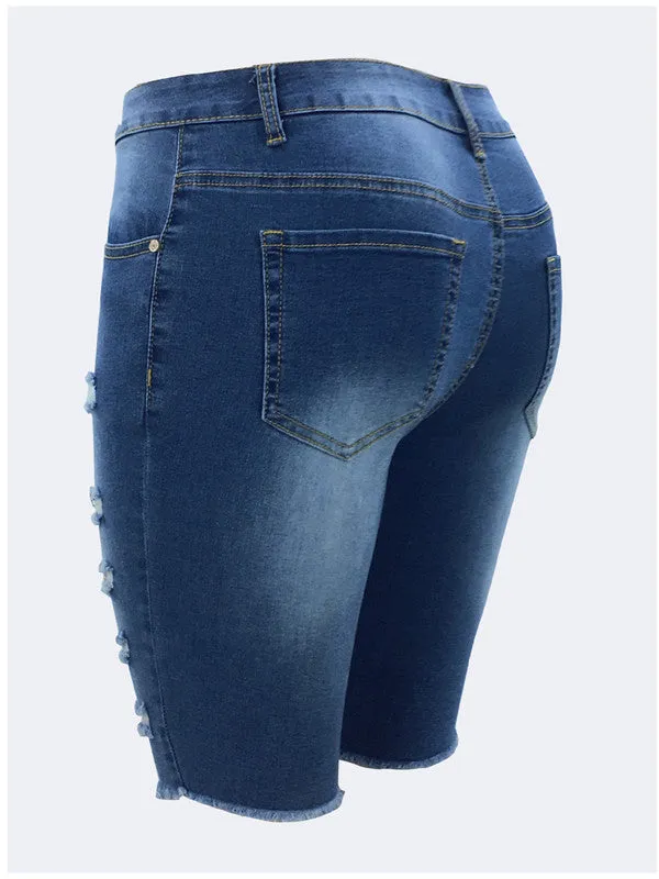 Lift The Hips Women's Ripped Mid Waist Denim Bermuda Shorts