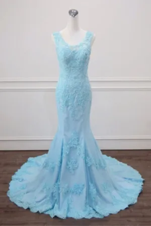Light Blue Lace Beaded Mermaid Appliques Senior Prom Dress