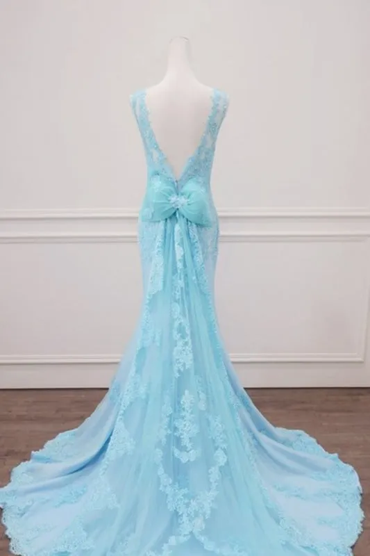 Light Blue Lace Beaded Mermaid Appliques Senior Prom Dress