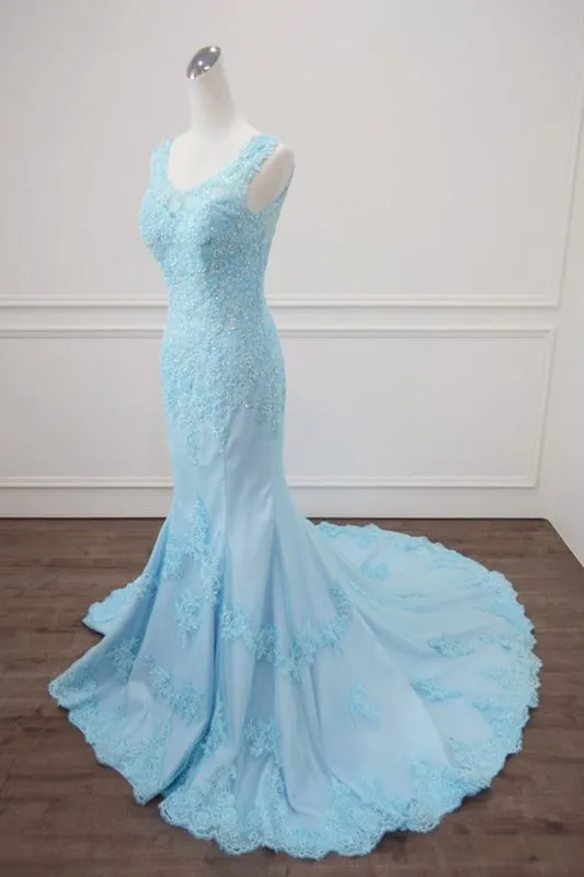 Light Blue Lace Beaded Mermaid Appliques Senior Prom Dress