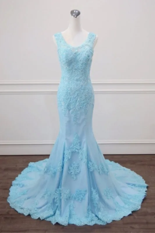 Light Blue Lace Beaded Mermaid Appliques Senior Prom Dress