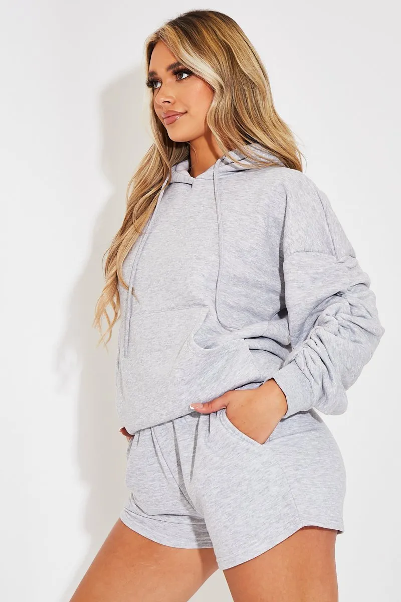 Light Grey Ruched Sleeve Oversized Hoodie - Dezi