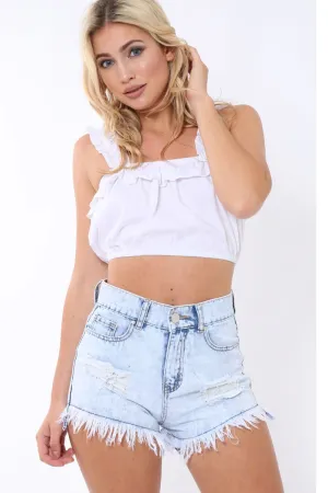 Light Wash Denim Distressed High Waist Shorts - Lyla