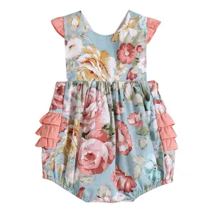 Lil Cactus Pink and Blue Floral Print Ruffle Romper