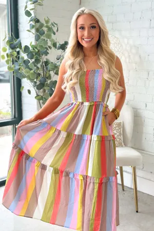 Lime and Mocha Striped Smocked Maxi Dress