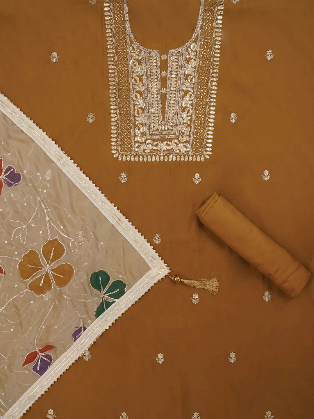 Lime Handpainted Embroidered Pure Silk Dress Material with Dupatta