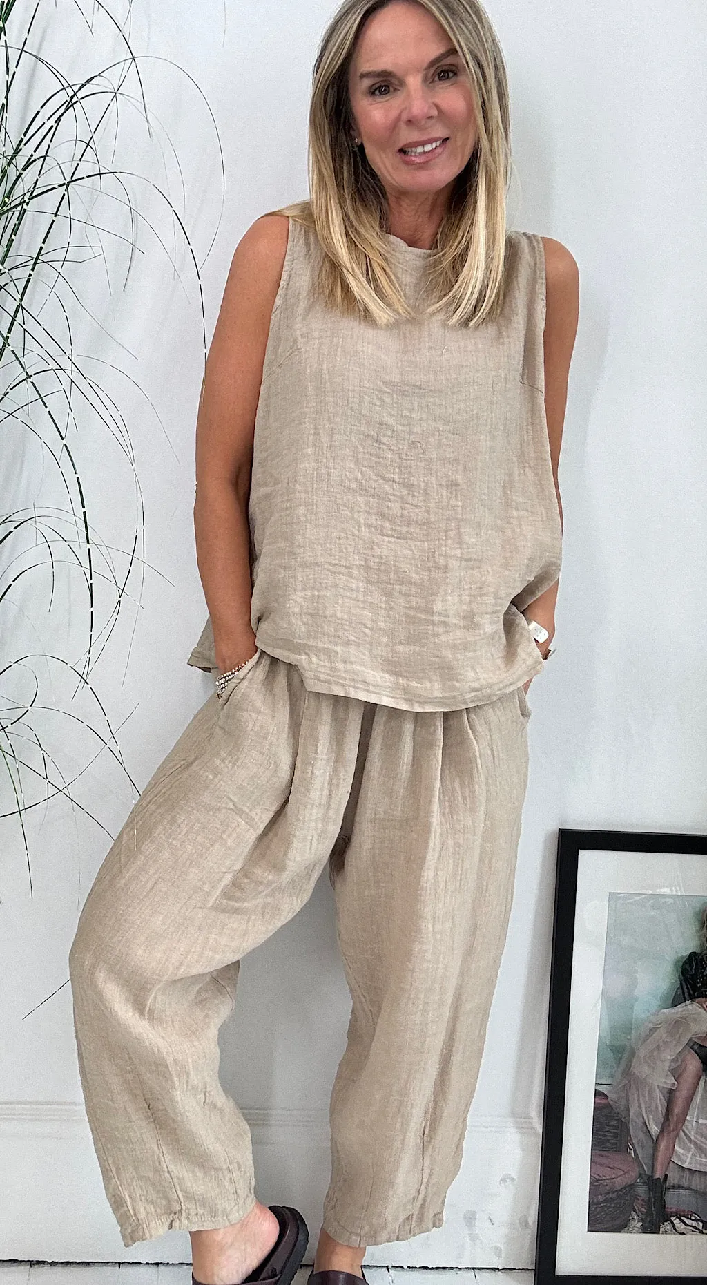 Linen Cropped Pant - camel