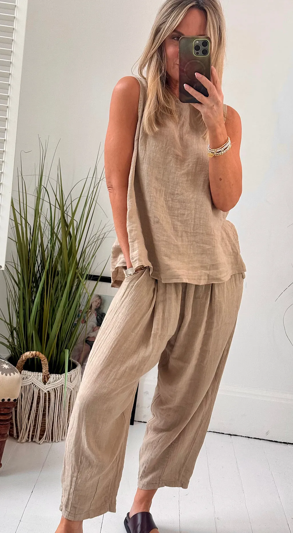 Linen Cropped Pant - camel