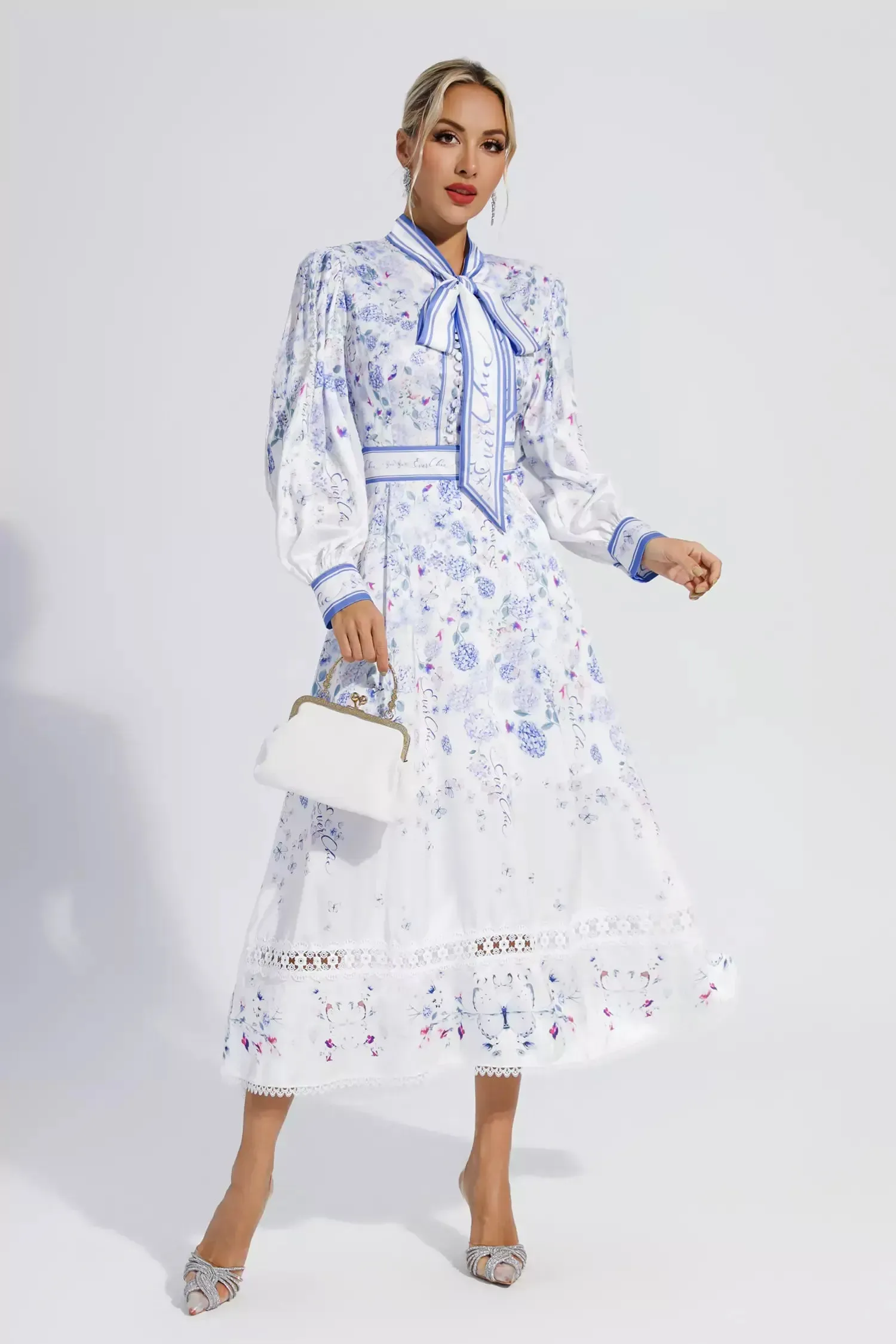 Long Bubble Sleeve Floral Midi Dresses