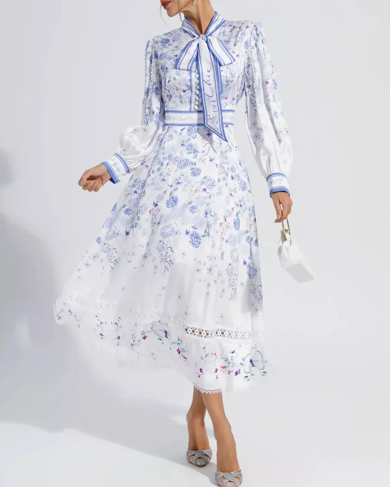 Long Bubble Sleeve Floral Midi Dresses