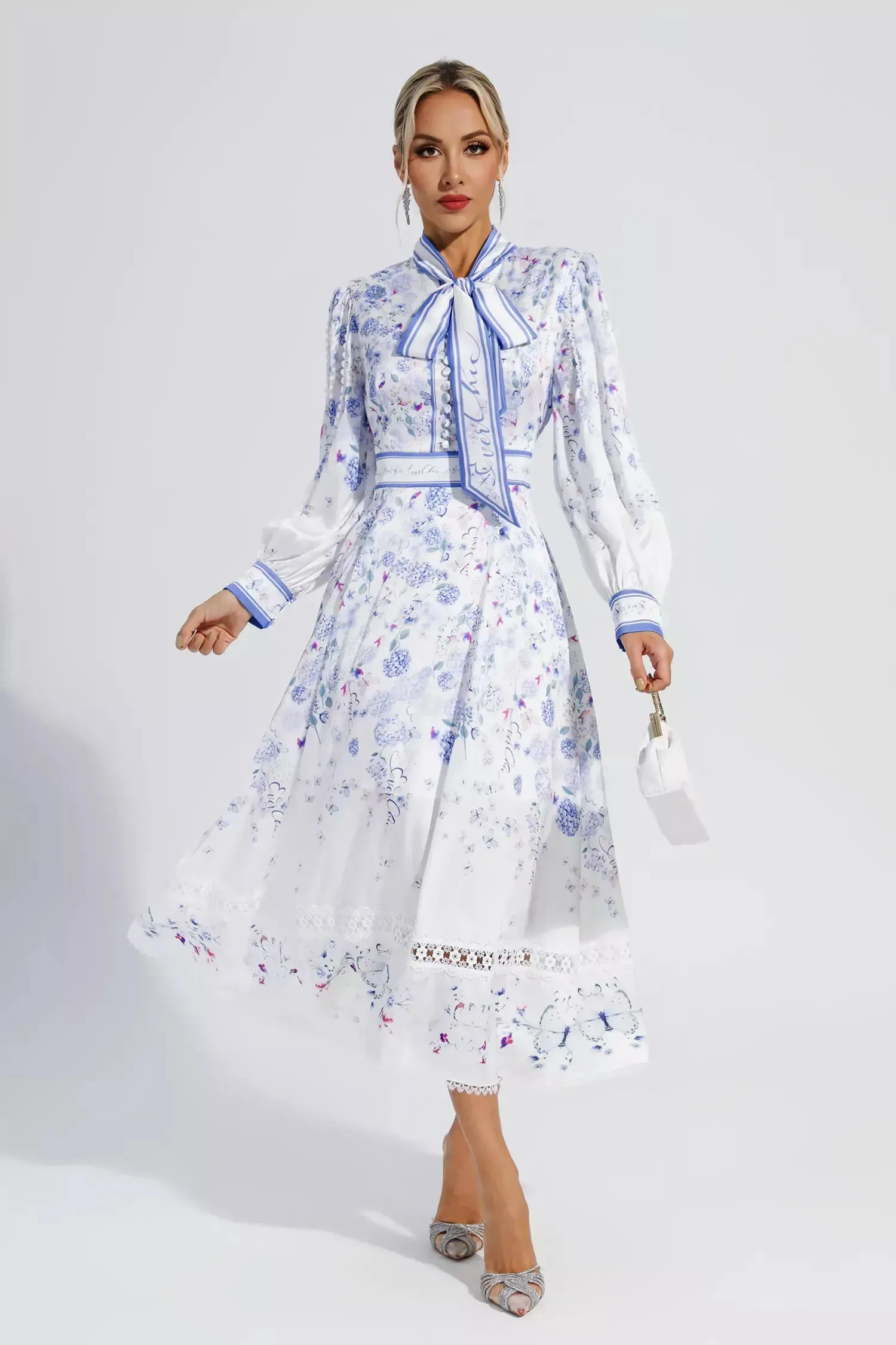 Long Bubble Sleeve Floral Midi Dresses