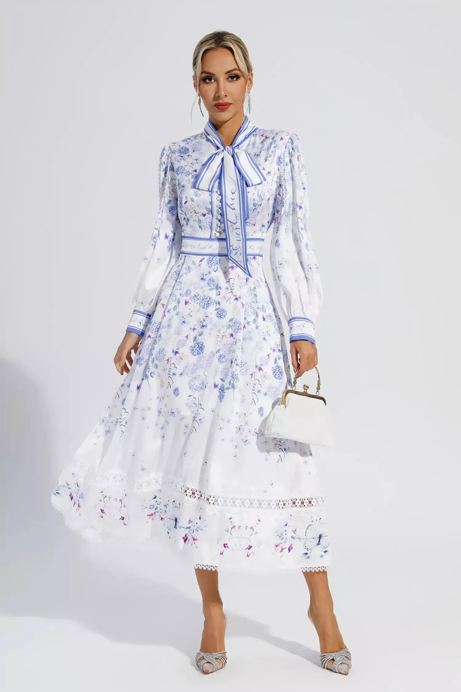 Long Bubble Sleeve Floral Midi Dresses