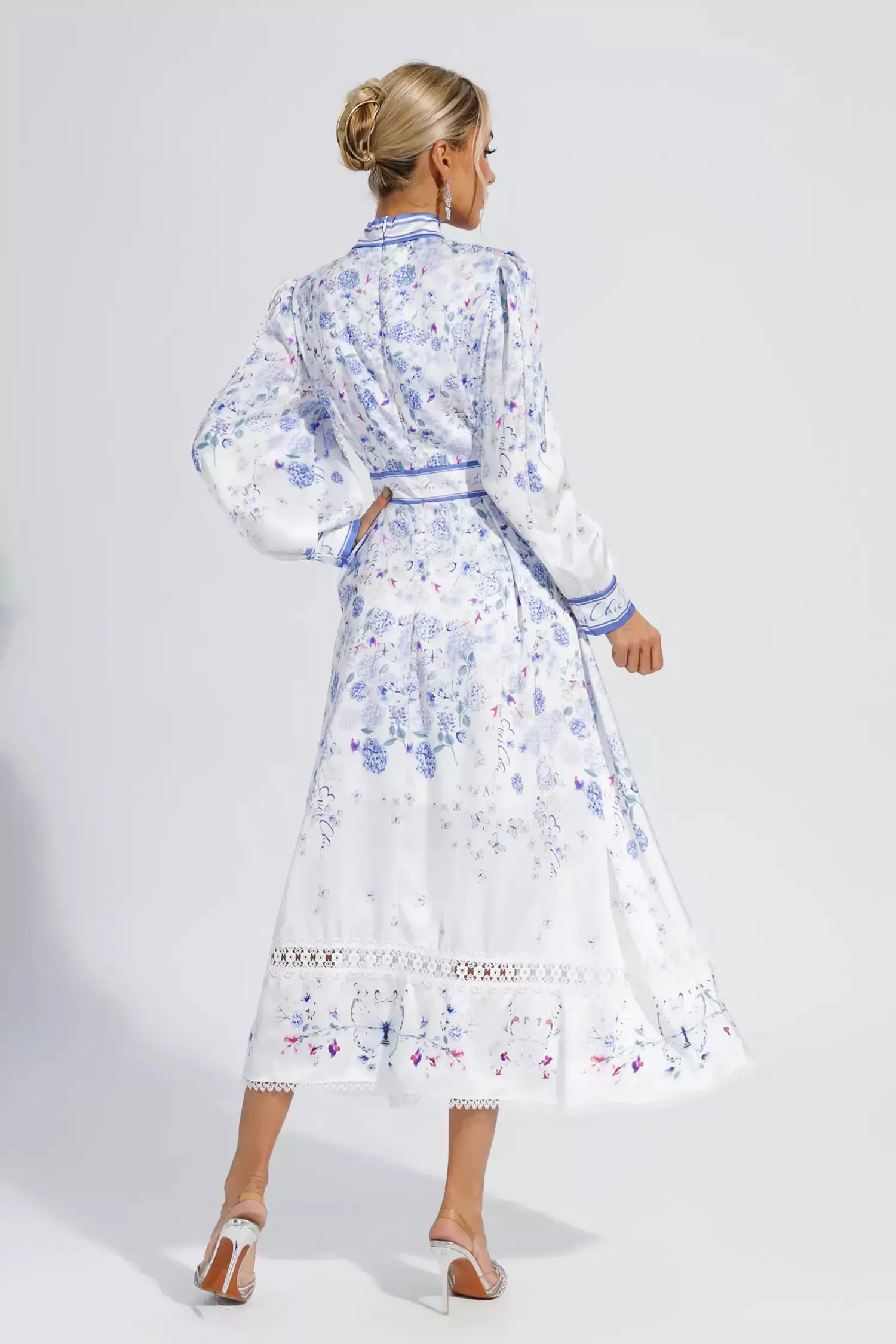 Long Bubble Sleeve Floral Midi Dresses