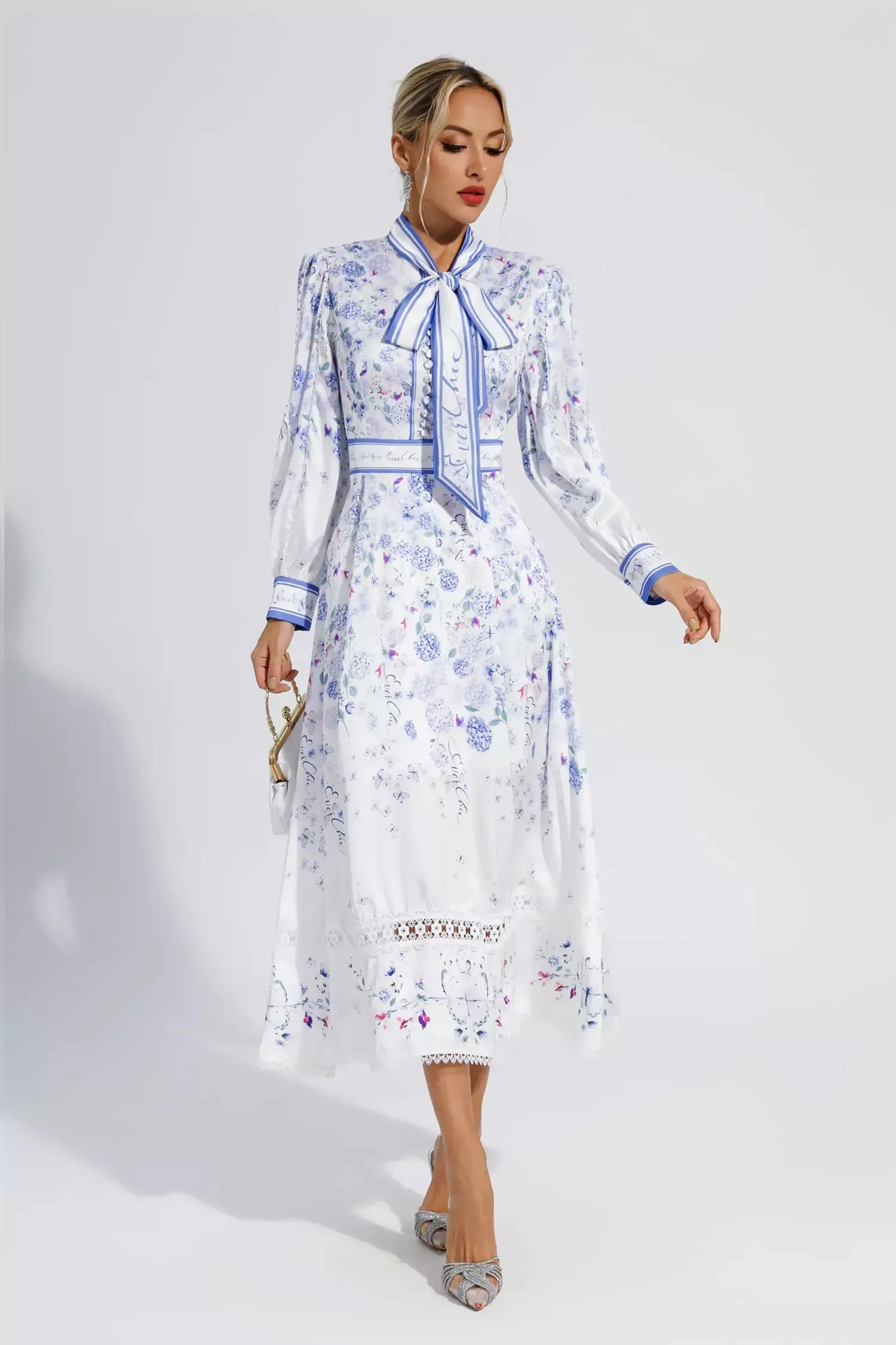 Long Bubble Sleeve Floral Midi Dresses