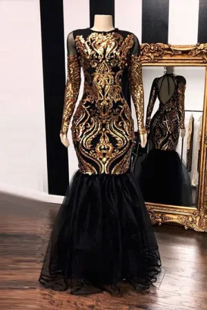 Long Sleeve Backless African Black Girl Mermaid Prom Dress