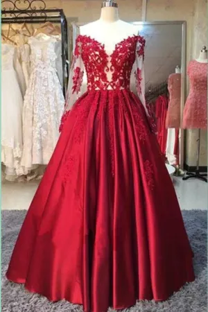 Long Sleeve Ball Gowns Red Stain Prom Dresses with Appliques Wedding Party Dress