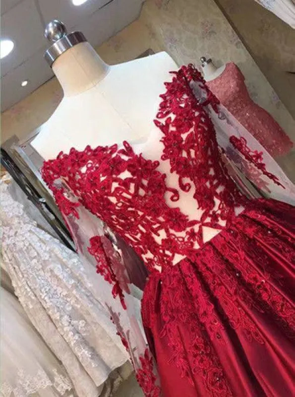 Long Sleeve Ball Gowns Red Stain Prom Dresses with Appliques Wedding Party Dress