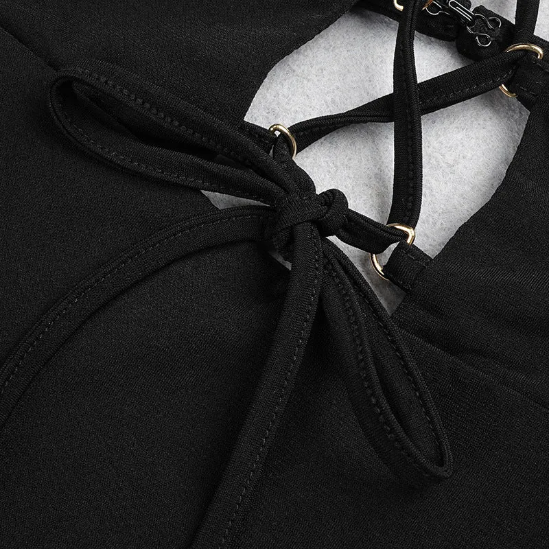 Long Sleeve Hollow Lace UP Mini Dress